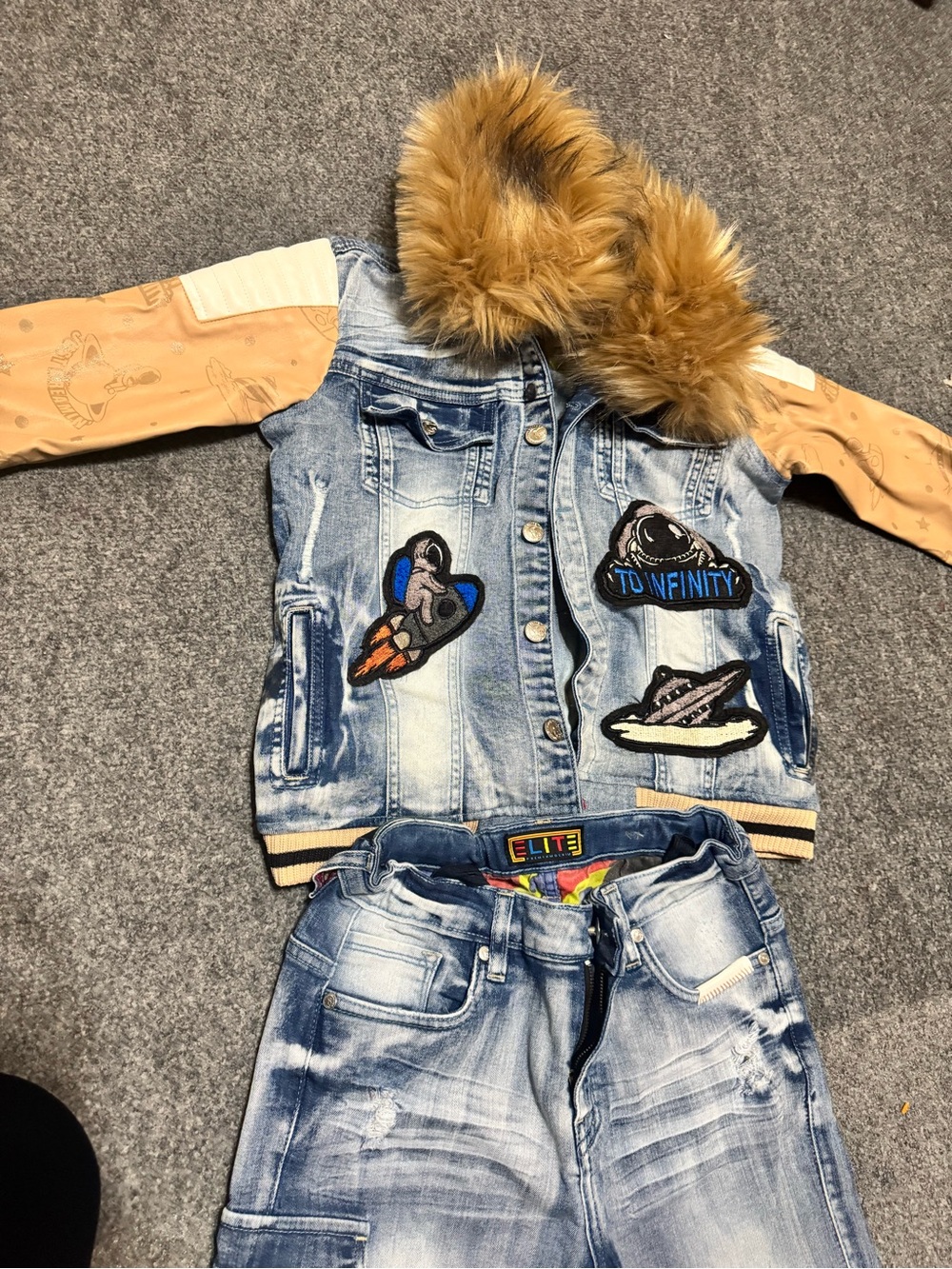 Kids Denim Jacket with Faux Fur Hood - Blue